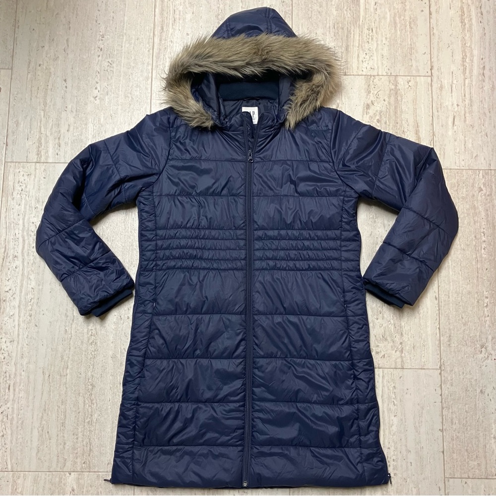 GAP Navy Hooded Puffer Coat with Faux Fur Trim